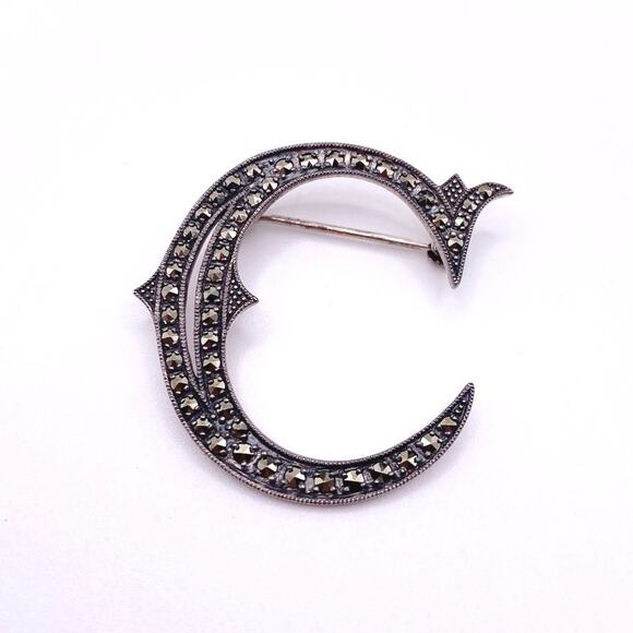 Heirloom 73 Vintage Creations Sterling Silver And Marcasite Brooch 1.5” Letter C - Picture 2 of 6
